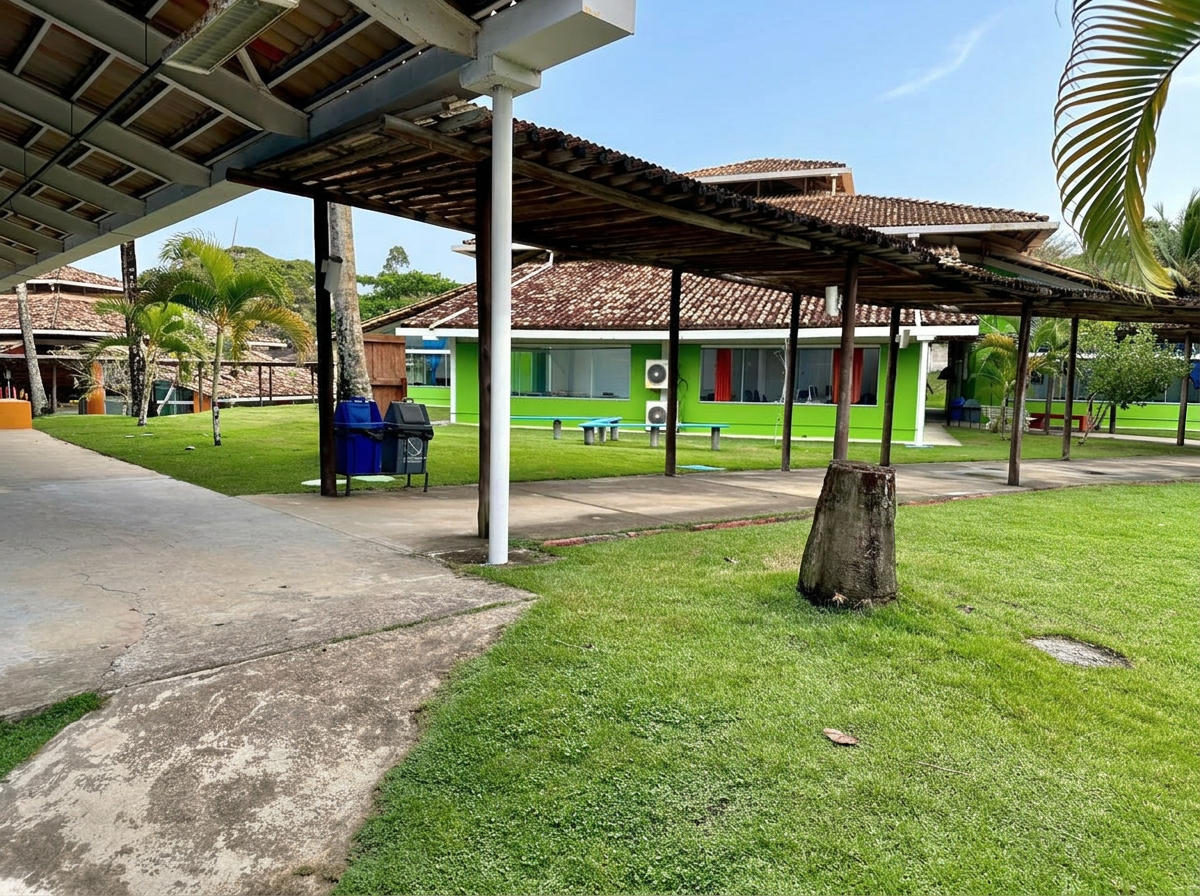 Jardim e pergolado da escola